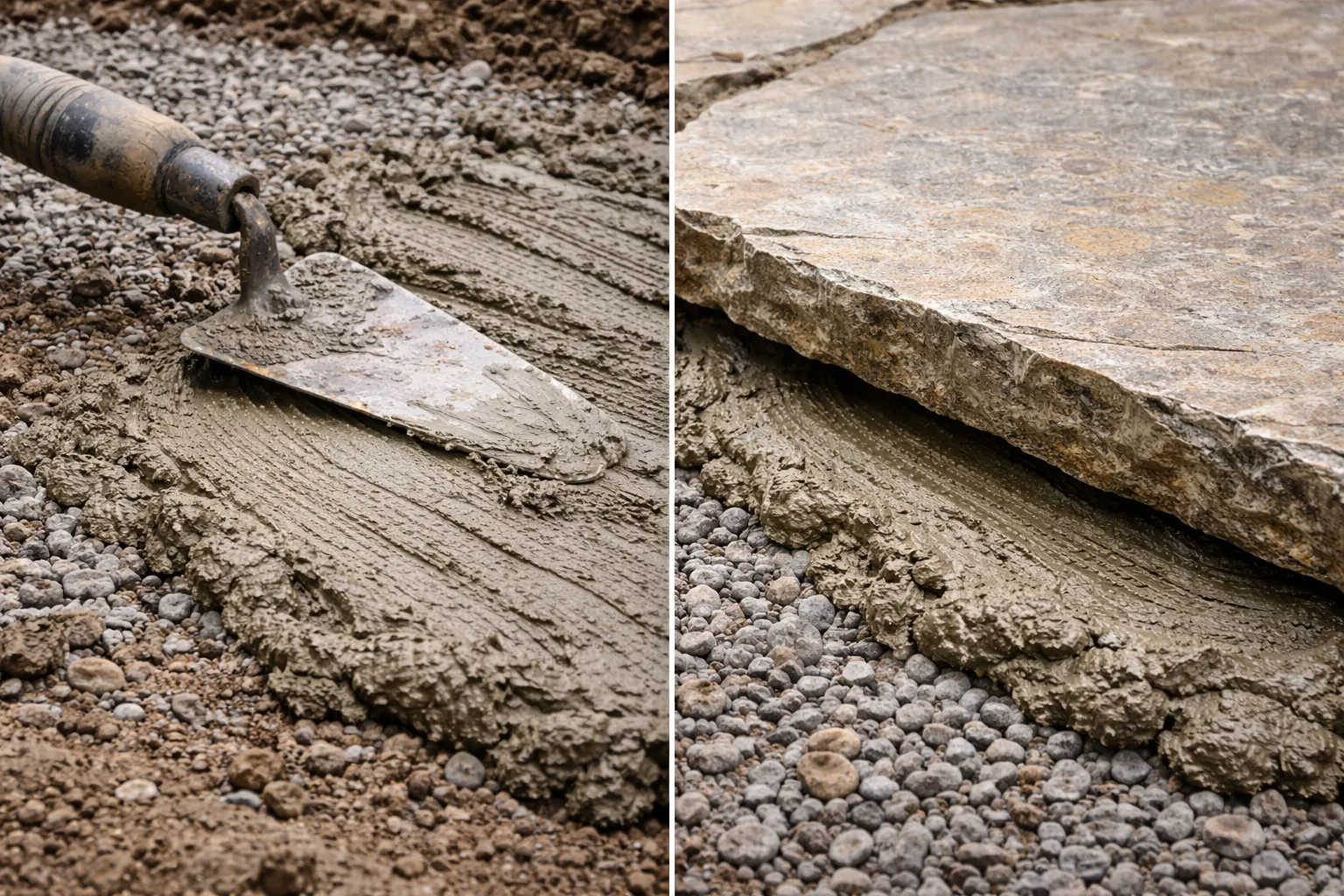 Cross-section view showing the difference between a mortar-set stone paving installation and a dry-laid installation on a compacted sub-base