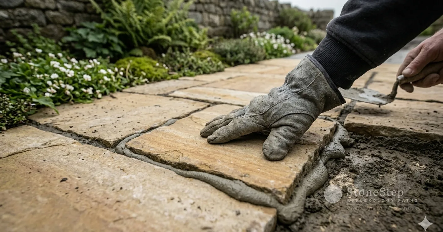 Stone mason's hands setting a natural sandstone slab into a mortar bed, viewed from above, Co. Louth garden